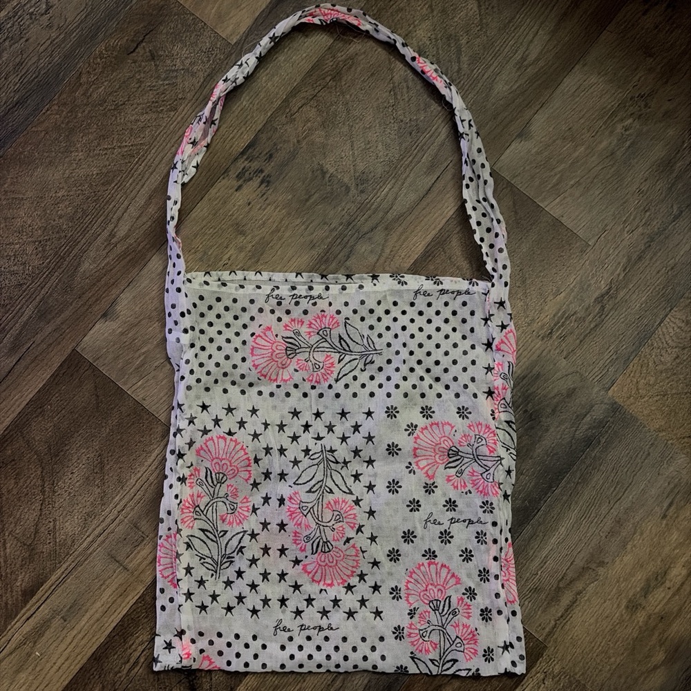 Free People White Cotton Tote with Pink Floral & Black Dot Print